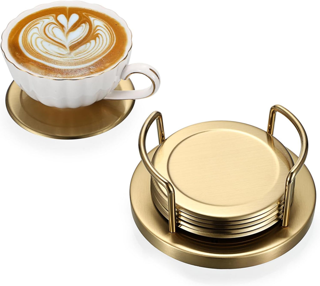 Stainless Steel Metal Round Coaster with Holder for Drinks - Set of 6