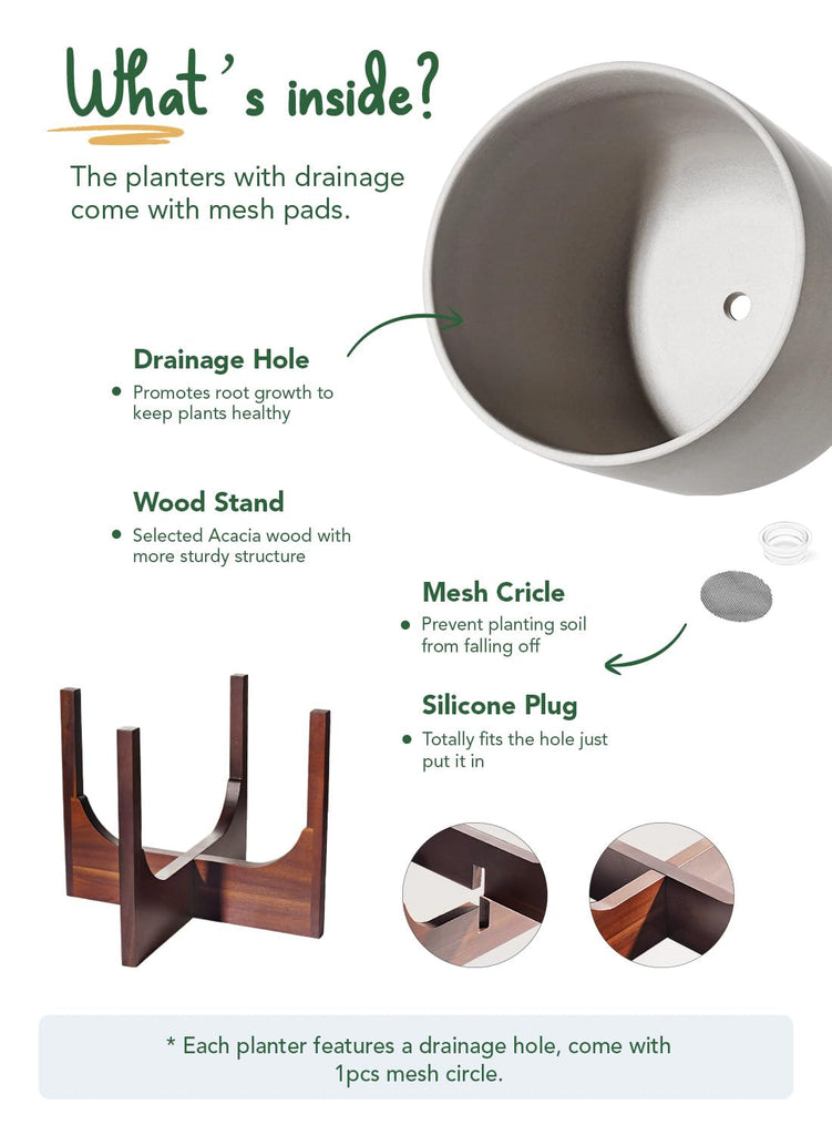 12 Inch Ceramic Planter with Acacia Wood Stand, Neutral Gray
