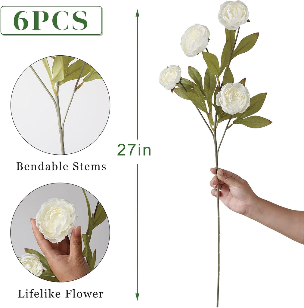 27" Artificial Silk Peony Flower Branches for Vase Home Decor(Cream) - Set of 6