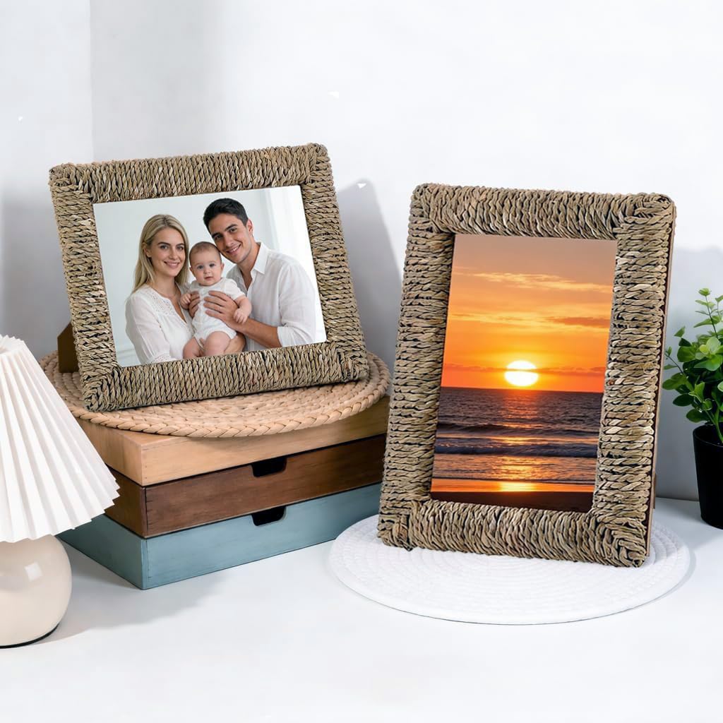2 Pack 5x7 Boho Rattan Picture Frame, Handwoven Seagrass Woven Photo Frame with Acrylic Glass, Rustic Tabletop Frame