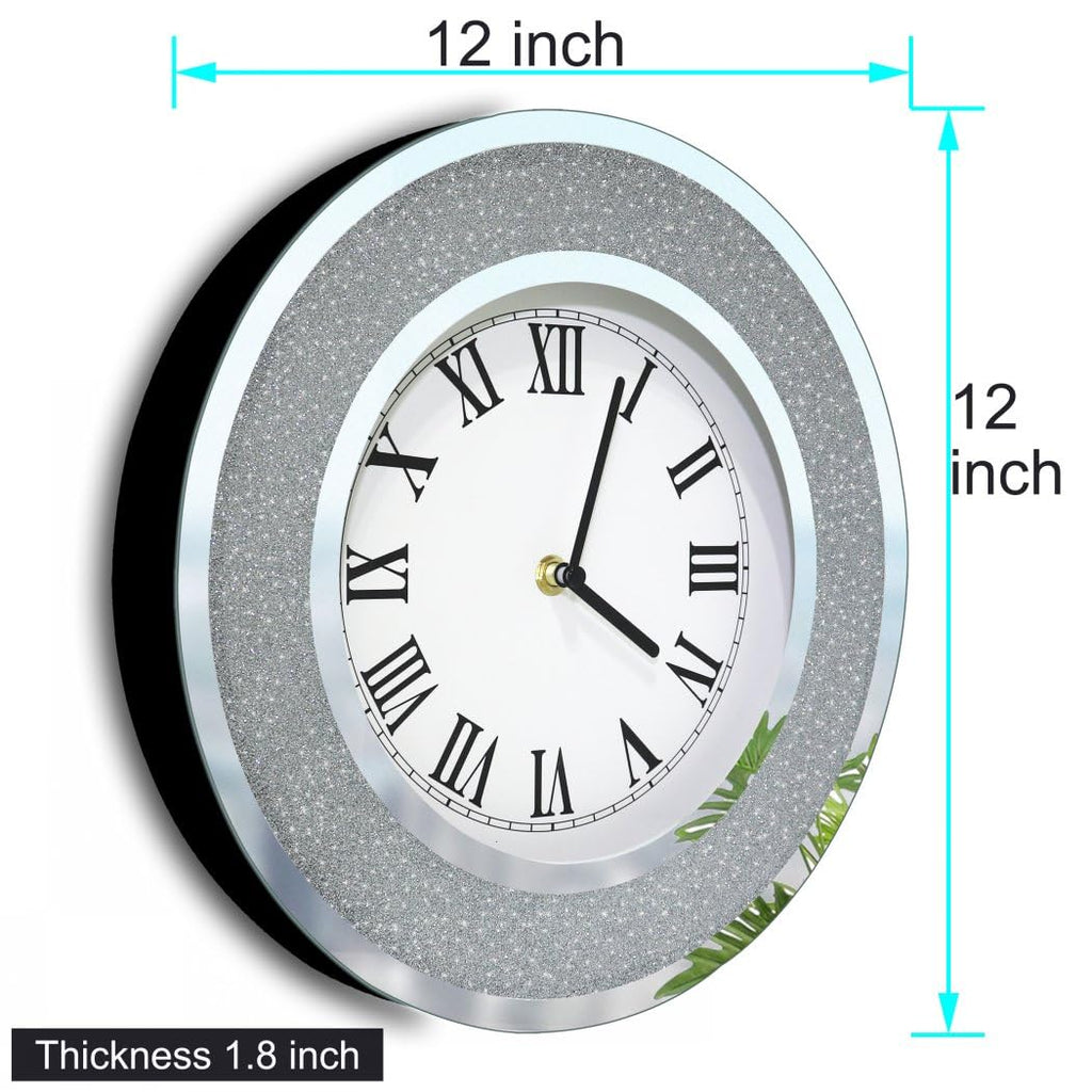 Bling Silver Round Mirror Clock 12inch. Glam Sparkle Twinkle Shining Mirrored Wall Clock for Wall Decoration Silver