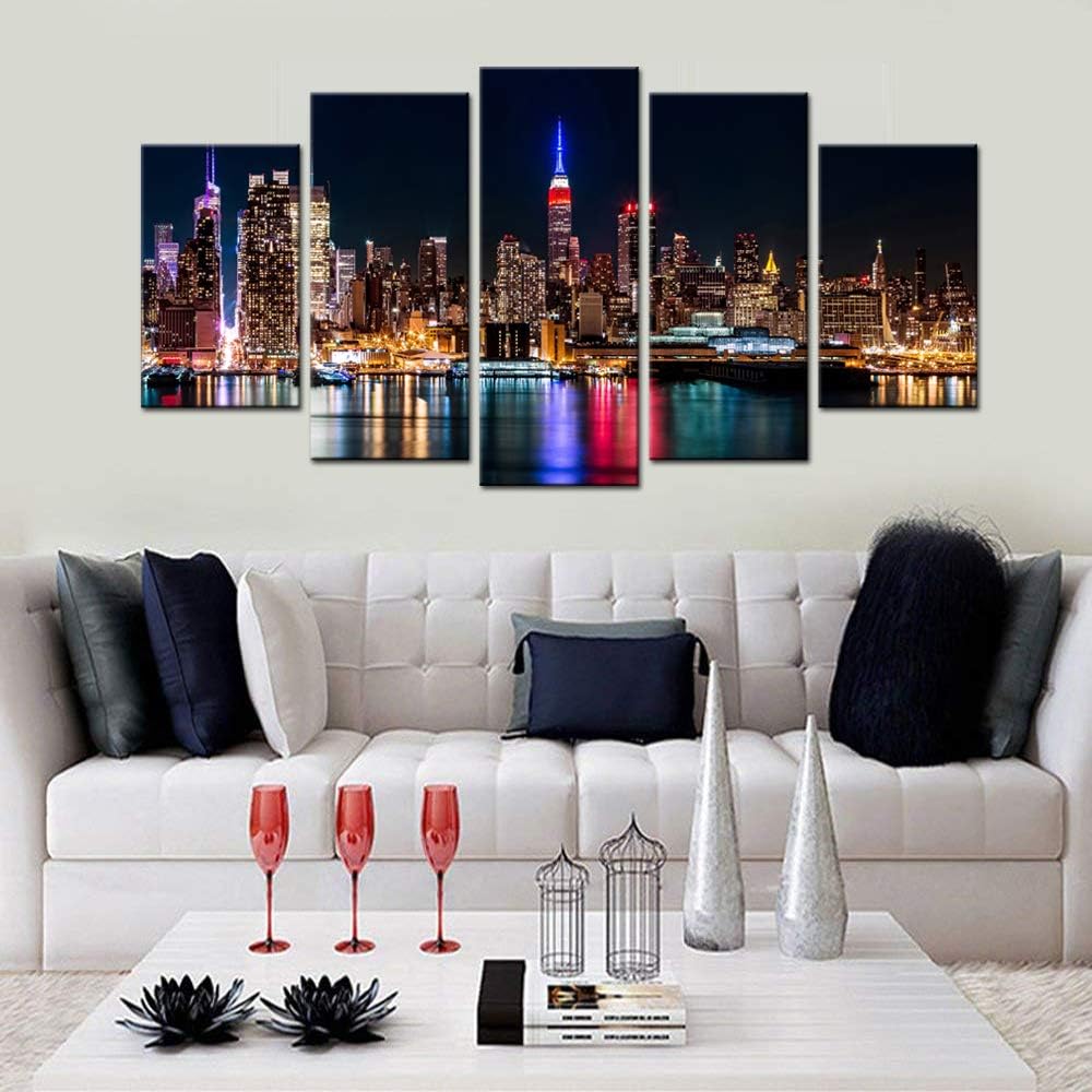 Large 5 Piece New York City Canvas Wall Art Manhattan Skyline at Night Picture Prints Modern Home Office Wall