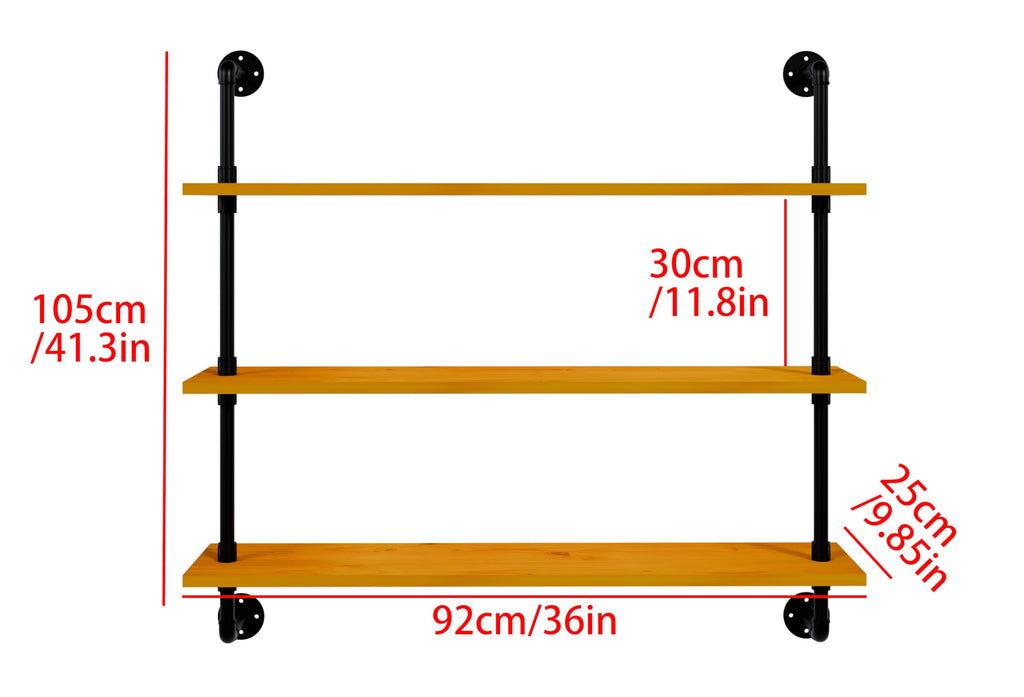 Industrial Pipe Wall Shelves - 36" Rustic Natural Oak Solid Wood Shelf, 9.85" Deep Industrial Pipe Floating Shelving