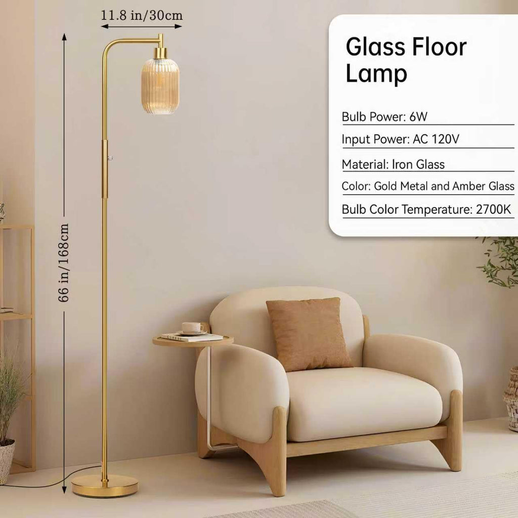 Glass Floor Lamp, Dimmer Standing Lamp with Green Ribbed Lampshade, 66" Tall Lamp & Gold Floor Lamp Study