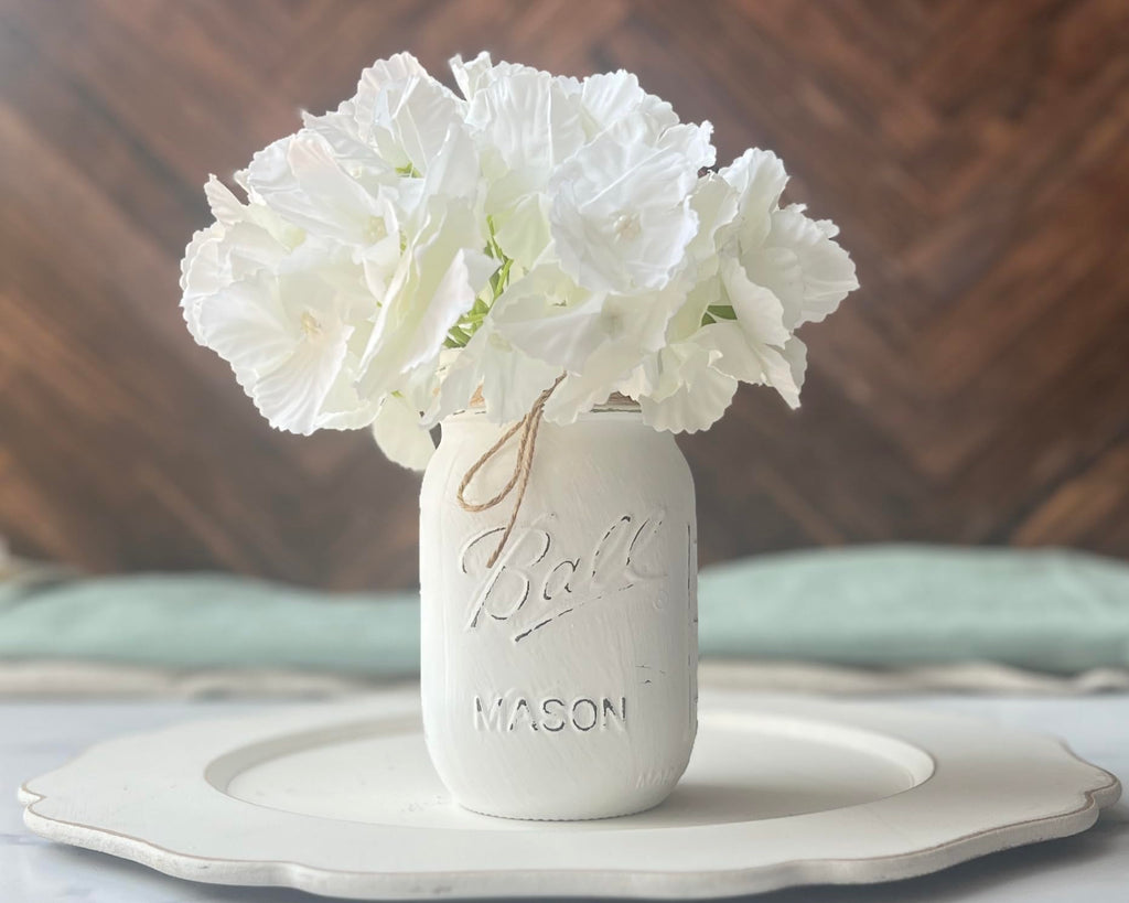 Small White Mason Jar with Ivory Hydrangeas - 16 oz Painted Rustic Vase for Modern Farmhouse Home Decor - Mini Floral