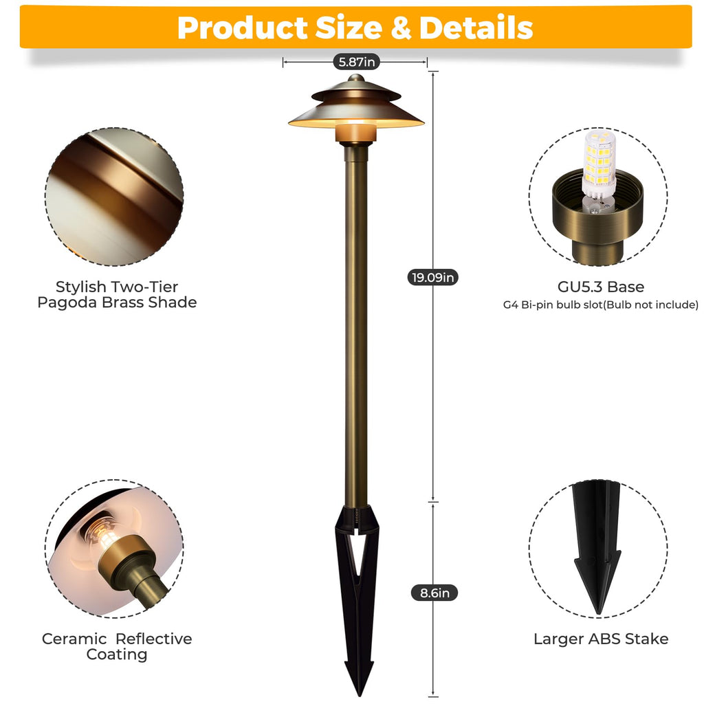 Solid Brass Low Voltage Landscape Pathway Lights -12 Pack (6'' Shade, 19'' Tall), 12V LED Heavy Duty Path Lighting