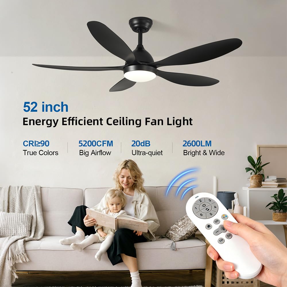 52 Inch Black Outdoor Ceiling Fan with Lights and Remote Control, 3CCT LED Light Fixture, Damp Rated Exterior Patio