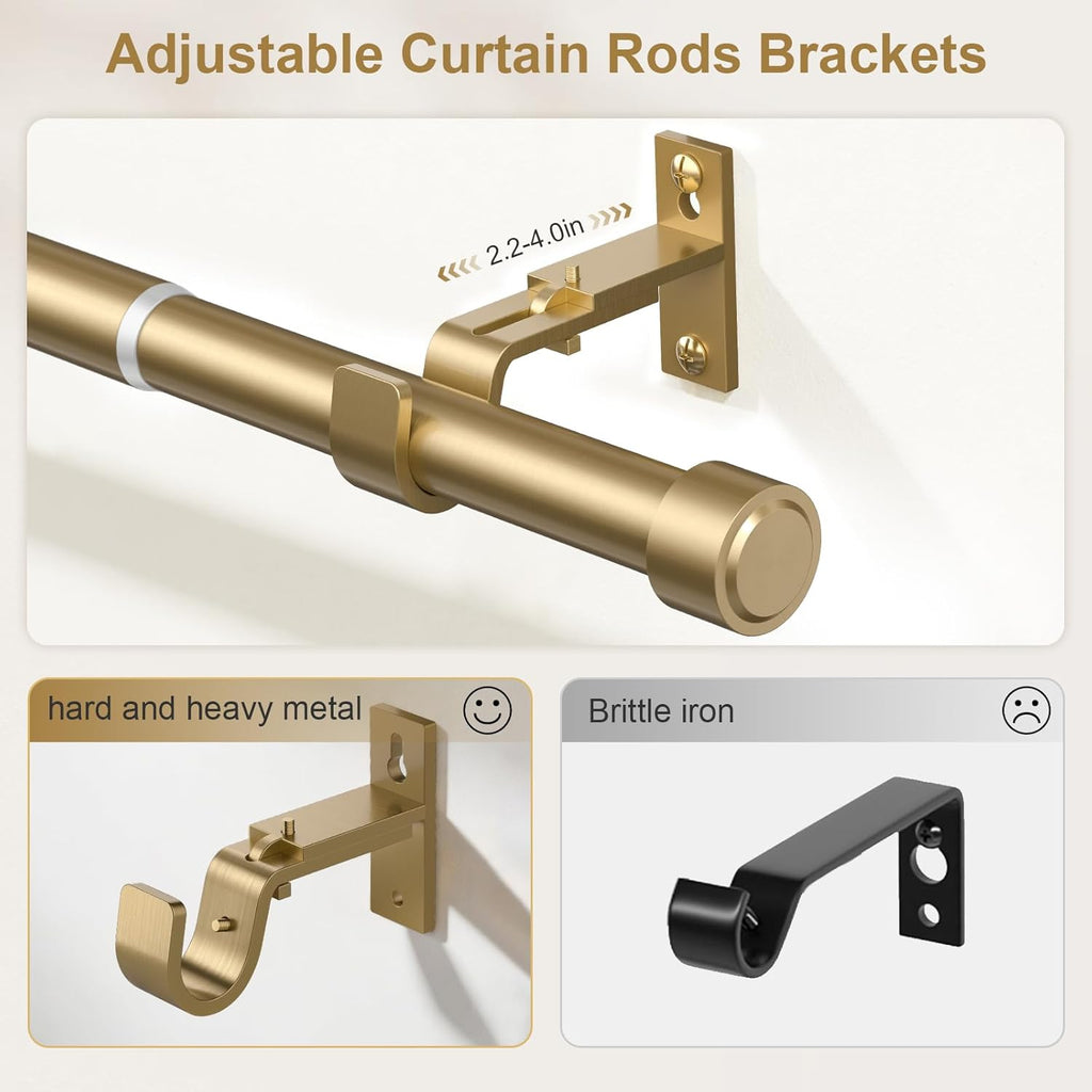 Warm Gold Brass Curtain Rod 36-144 Inches Adjustable, 1" Diameter Heavy Duty Window Rod with Solid Aluminum Finials &