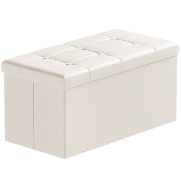 30 Inches Storage Ottoman Bench, Faux Leather Ottoman with Storage, Folding Bench Shoe, Foot Rest Stool, Beige