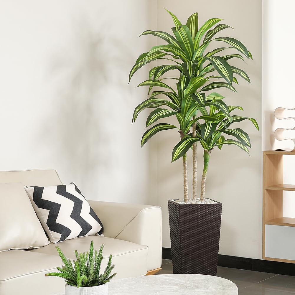 Artificial Dracaena Tree, 6FT UV Resistant Fake Plants with Brown Taper Planter, Lifelike Tall Artificial Floor