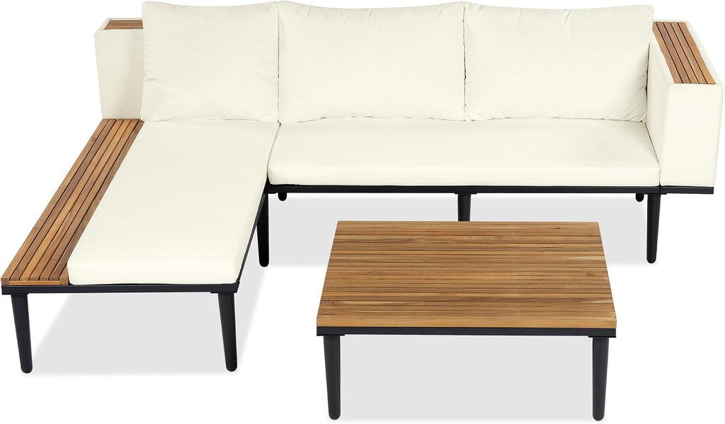 Luxury 4-Piece L-Shaped Outdoor Patio Sofa Set with Acacia Wood Side & Coffee Table, Removable Cushions & Pillows
