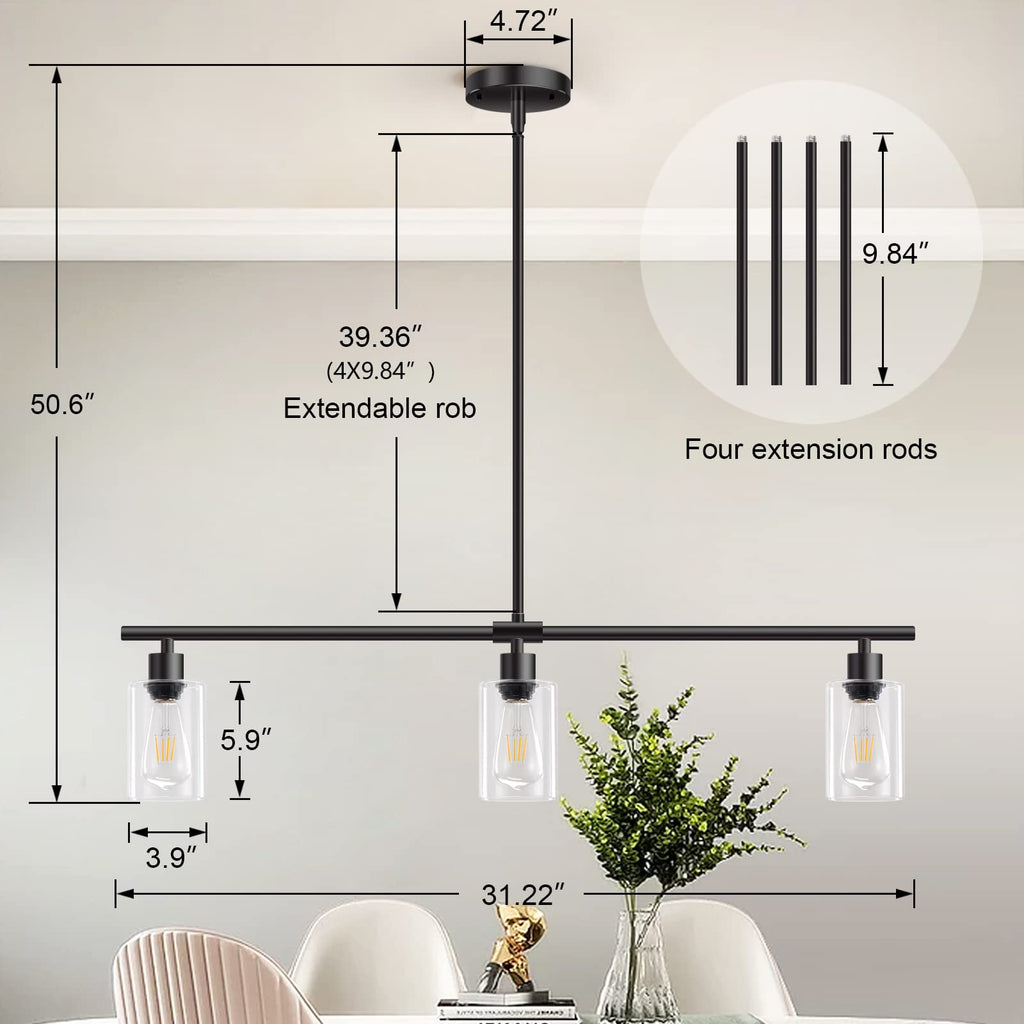 Kitchen Island Lighting, 3 Lights Linear Chandeliers Rectangle Pendant Light Fixtures Farmhouse Hanging Light