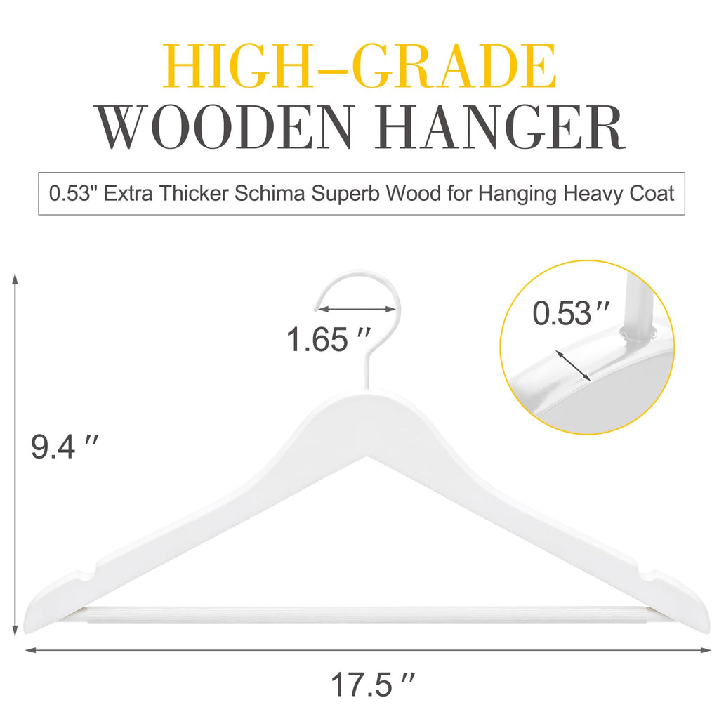 All White Wooden Hangers, Solid Wood Suit Hangers with Extra Thick Hook and Non Slip Pants Bar, Heavy Duty Coat