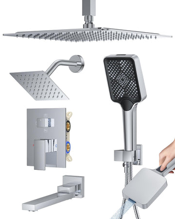 4 Function Shower Faucet Set 12" Rain Shower Head/6'' Side Shower Head and 3 Setting Handheld Ceiling Mount Push