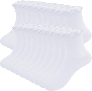 10 Pairs Ruffle Socks for Girls Uniform School Frilly Dress Cotton Crew Sock
