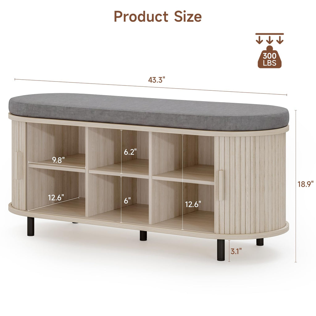 43" Shoe Bench with Storage, Fluted Shoe Storage Bench, White