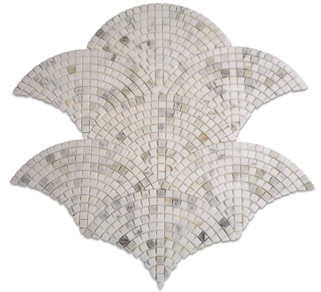 Calacatta Gold Marble Fish Scale Scallop Fan Pattern Mini Mosaic Tile Honed Kitchen Bath Wall Floor Backsplash Shower