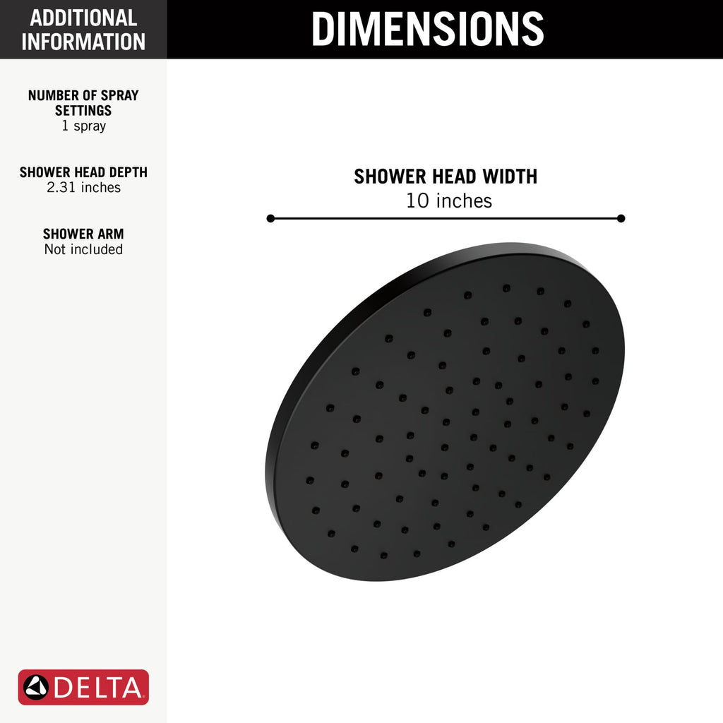 Matte Black Rain Shower Head, 10 Inch Metal Large Shower Head Rainfall, Overhead Rain Showerhead, 2.5 GPM Flow Rate