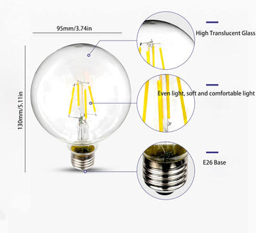 G95 Globe Light Bulbs, 4 Watt (40 Watt Equivalent) Non-Dimmable Clear Filament LED Light Bulb, Glass Edison Style