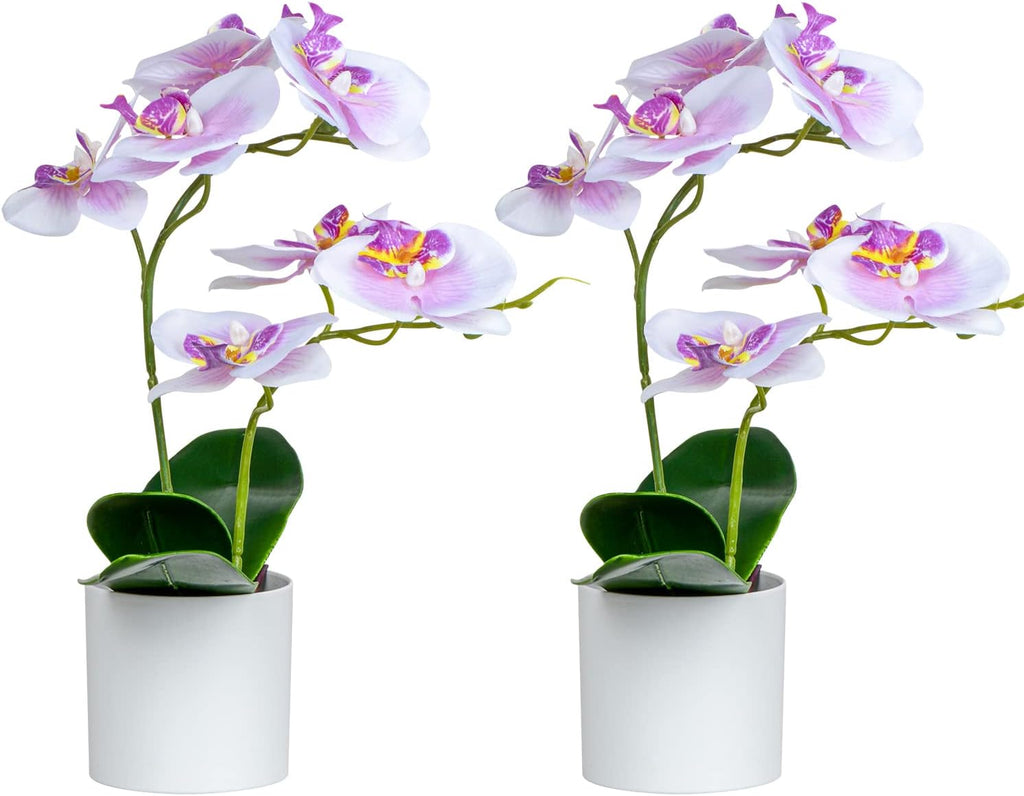 Artificial Orchid Flowers, Potted Orchid Flowers with Plastic Vase for Table Centerpiece Home Decor Office - Set of 2