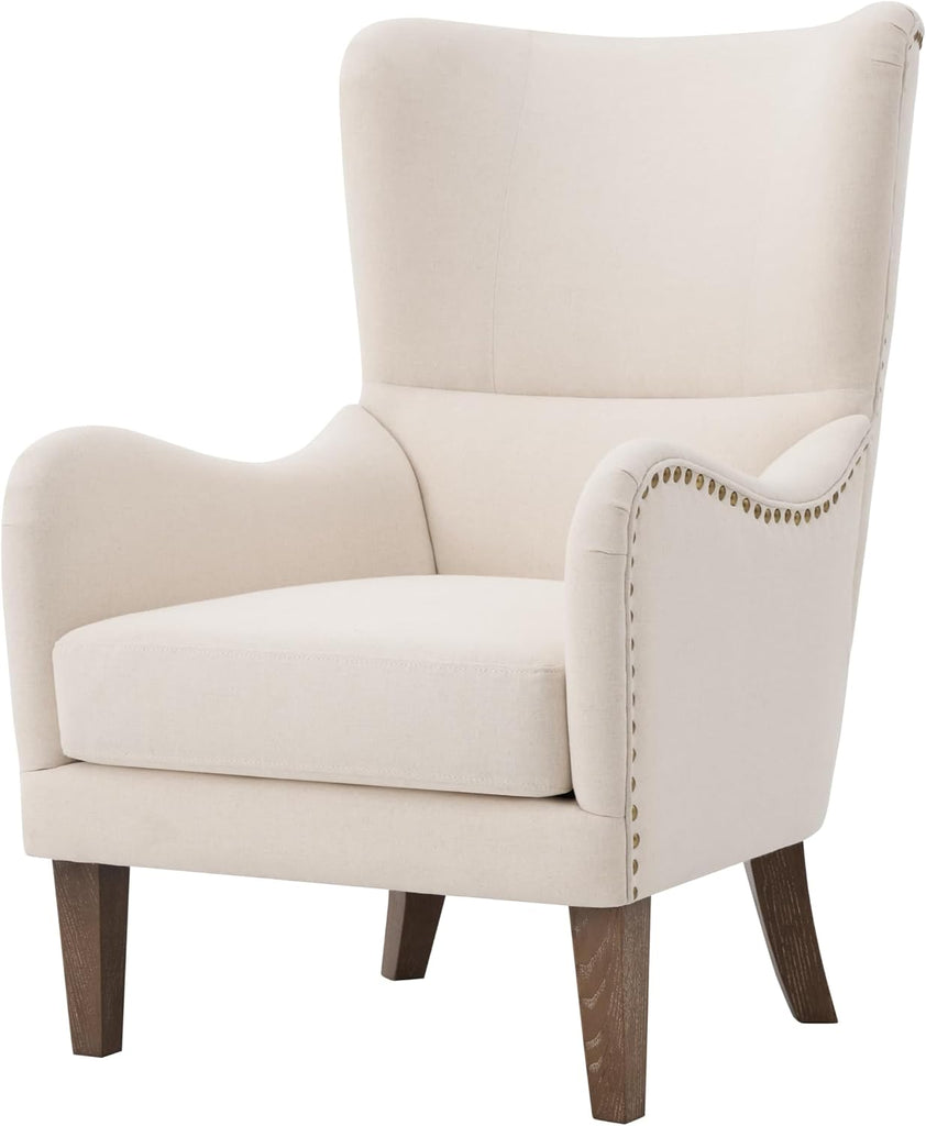 Accent Wingback Chair with Ottoman, Upholstered High Back Reading Chair, Beige Linen Blend Armchair with Nailhead