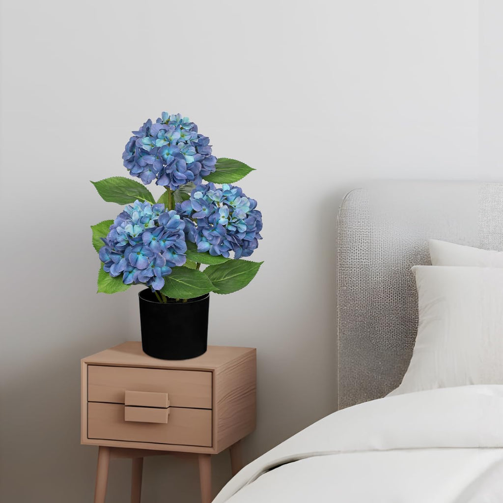Blue Artificial in Pot Large Silk Three-Head Hydrangeas Fake Arrangements for Indoor Home Office Kitchen Table