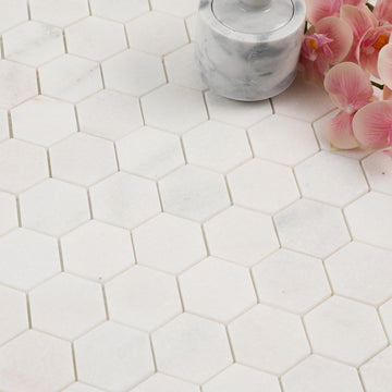 Marble Mosaic Tile, 2 Inch Hexagon, Honed, White Natural Stone Mosaic Tiles Backsaplsh, Shower Floor, Bathroom
