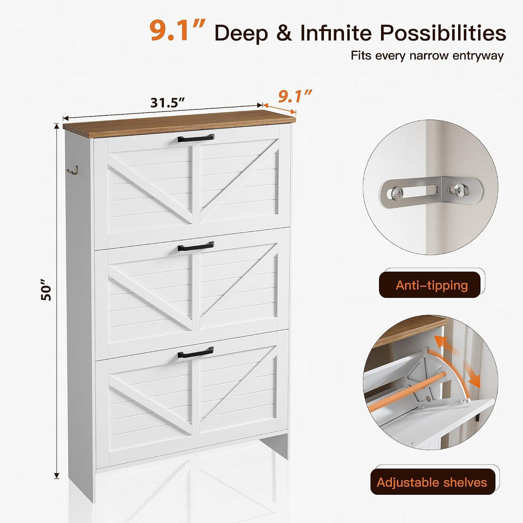 Shoe Cabinet, 3 Flip Drawers & Adjustable Shelves, Ultra Slim Freestanding (9.1" Deep), Holds 30 Pairs, Narrow Shoe