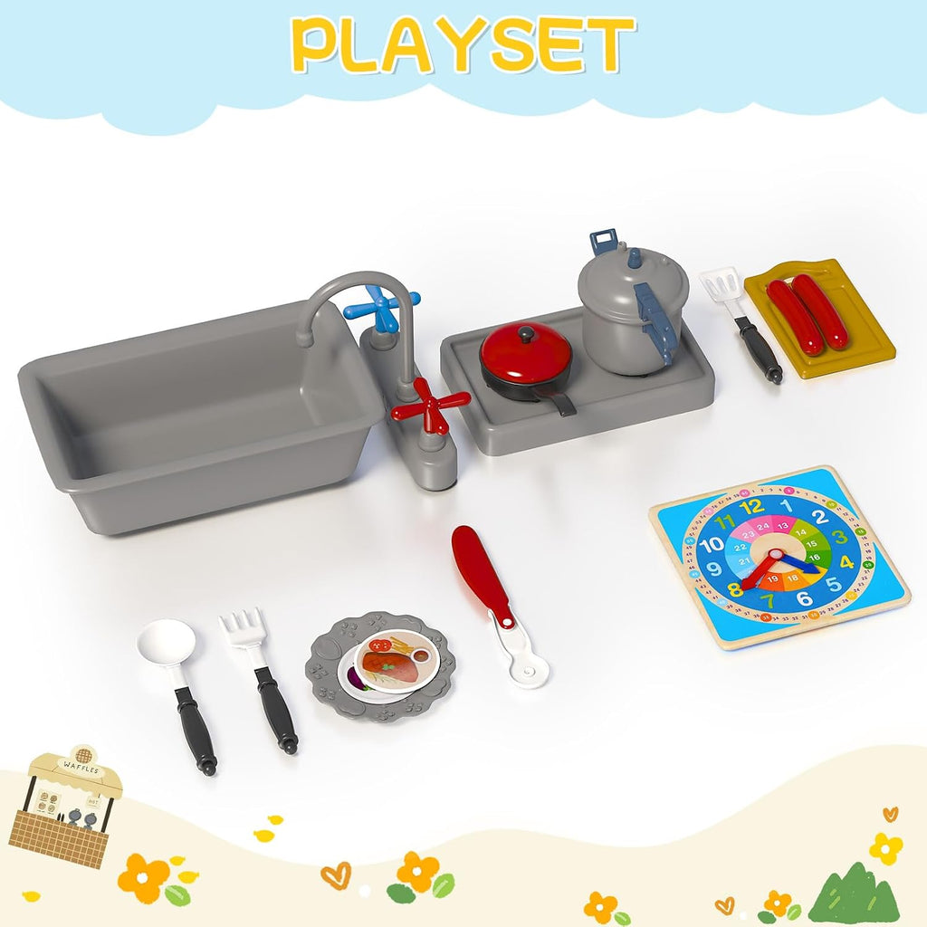 Wooden Kids Playhouse Cottage with Bench, Split Door, Mailbox, Blackboard, Toy Sink & Kitchen Playset, 70.9" x 50.4"