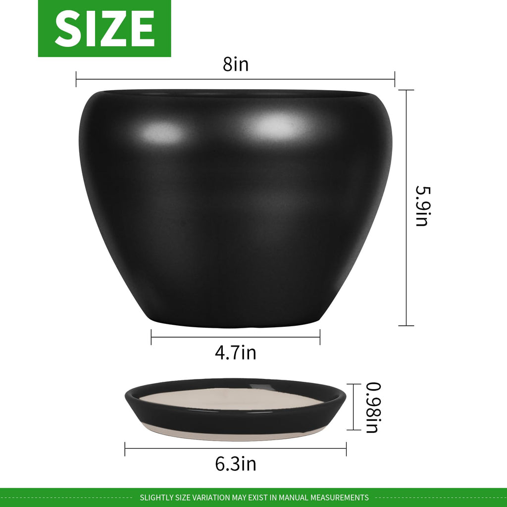 8 Inch Plant Pot - Ceramic Pots for Plants with Drainage Hole and Trays, Modern Round Flower Pot, Planters for Indoor