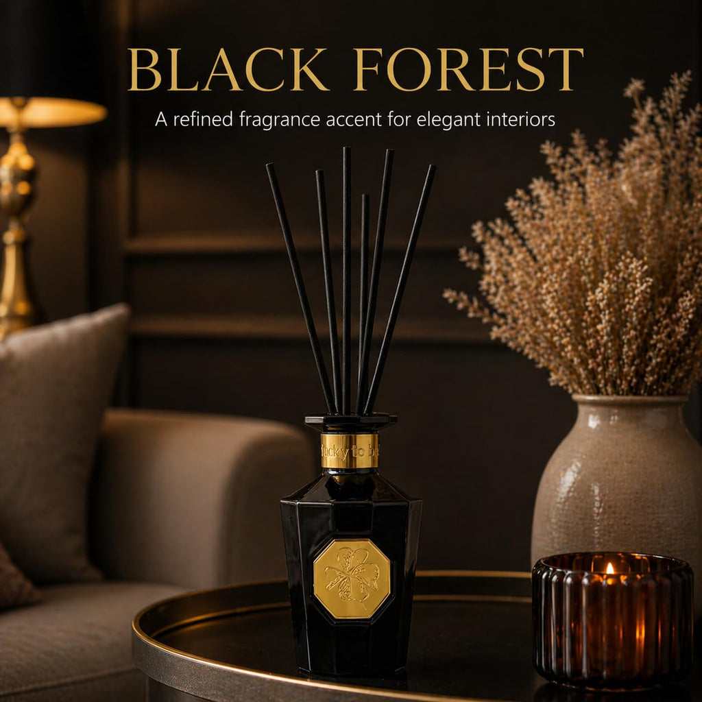 Luxury Reed Diffuser - Black Forest Fragrance | Warm Woody Home Scent | Elegant Glass Bottle with Rattan Reeds