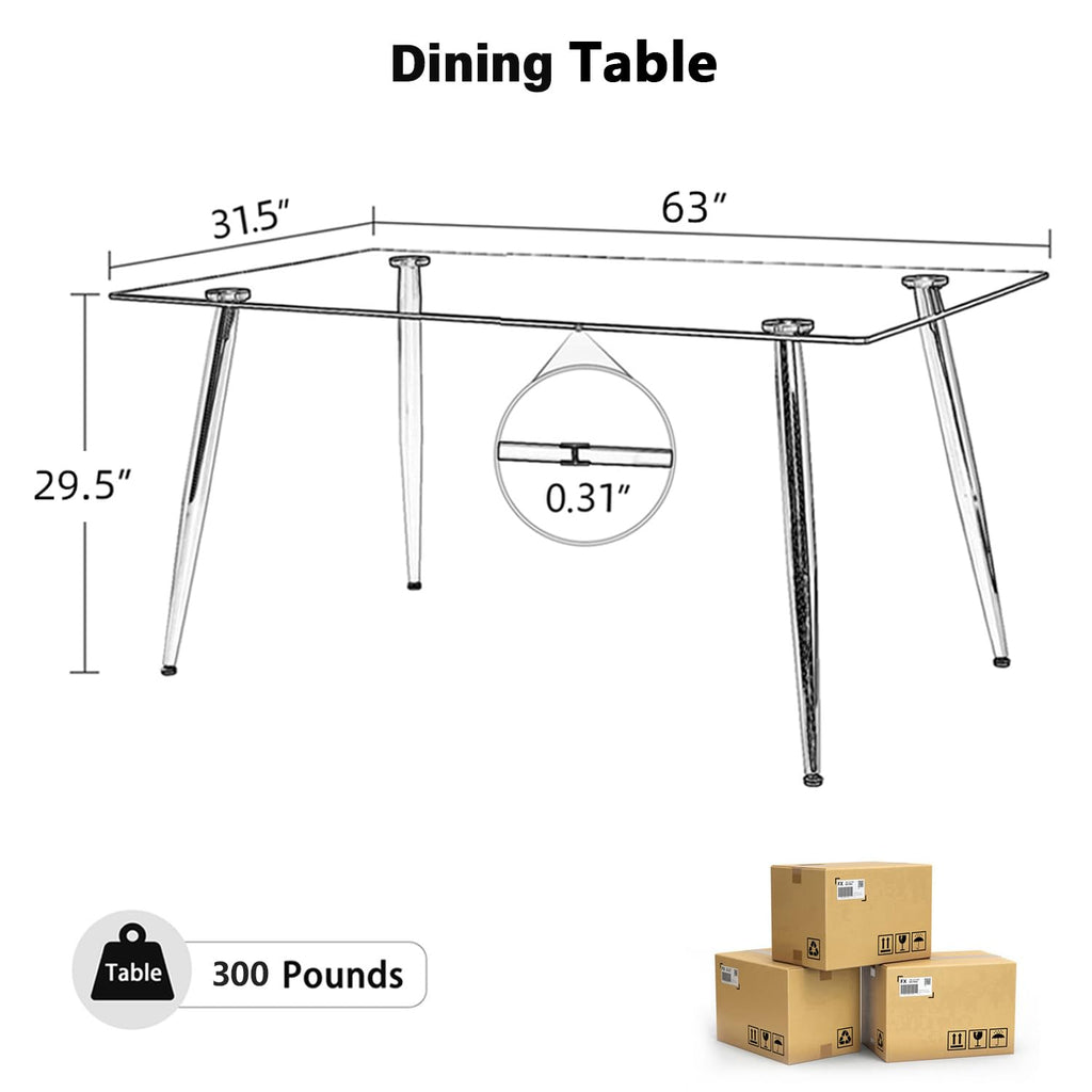 Glass Dining Table for 4 with 63 inch Clear Rectangular Glass Top, 0.31" Modern Tempered Glass Kitchen Table