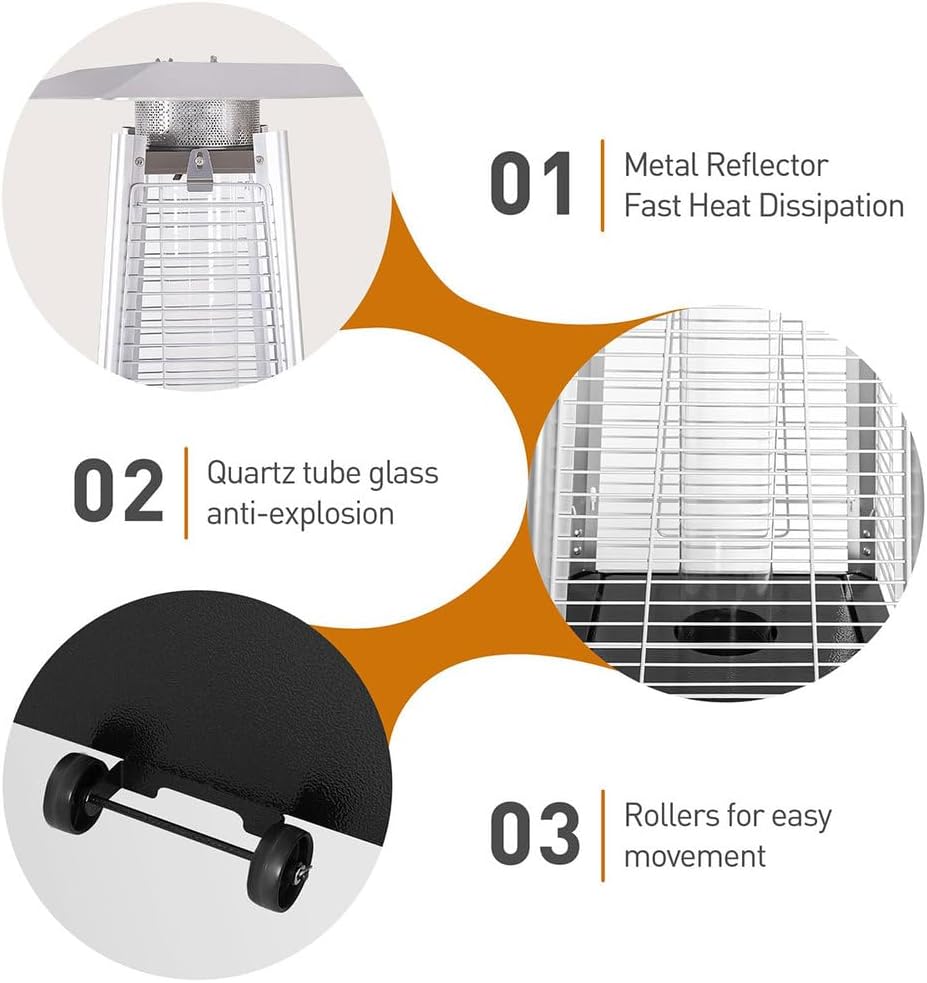 Patio Heater, 48,000 BTU Pyramid Propane Outdoor Heater with Glass Tube Flame, Wheels & Protective Cover, One-Touch