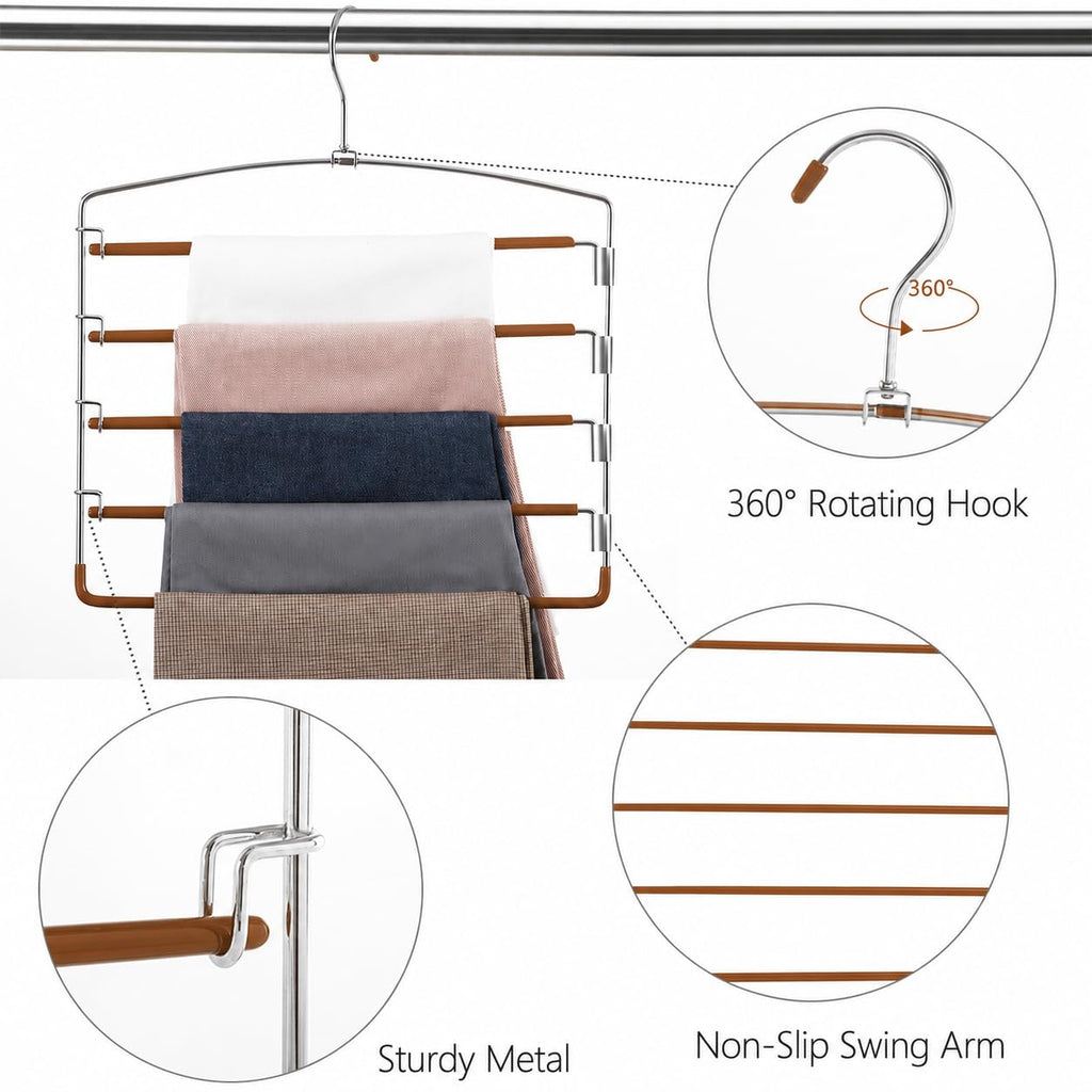 Pants Hangers Space Saving 3 Pack 5 Layer Swing Arm Hanger Brown