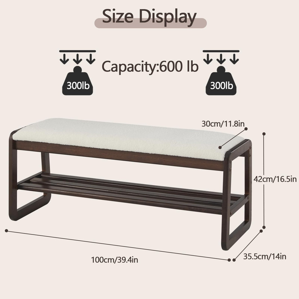 Shoe Rack Bench, 2 Tier Solid Wooden Entryway Bench(Cream White, 39.4")