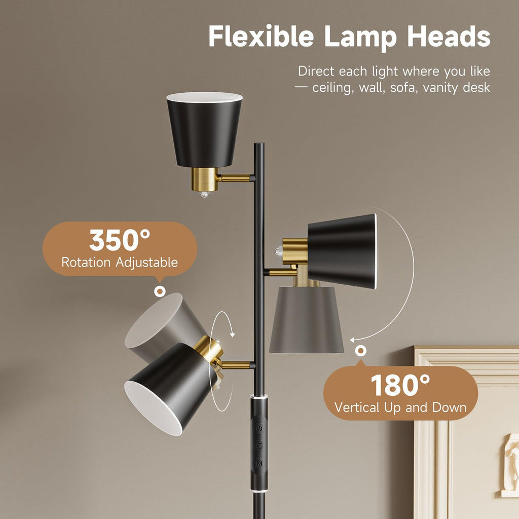 36W LED Tree Floor Lamp, 3 Rotatable Lights Standing Lamps