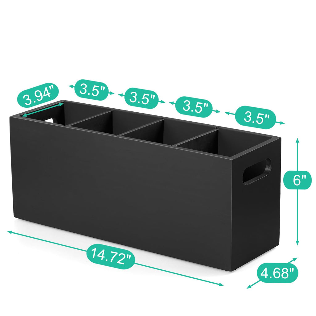 Large Utensil Holder with Removable Divider - 4 Compartment Wooden Utensil Caddy Organizer Counter - Black Cooking