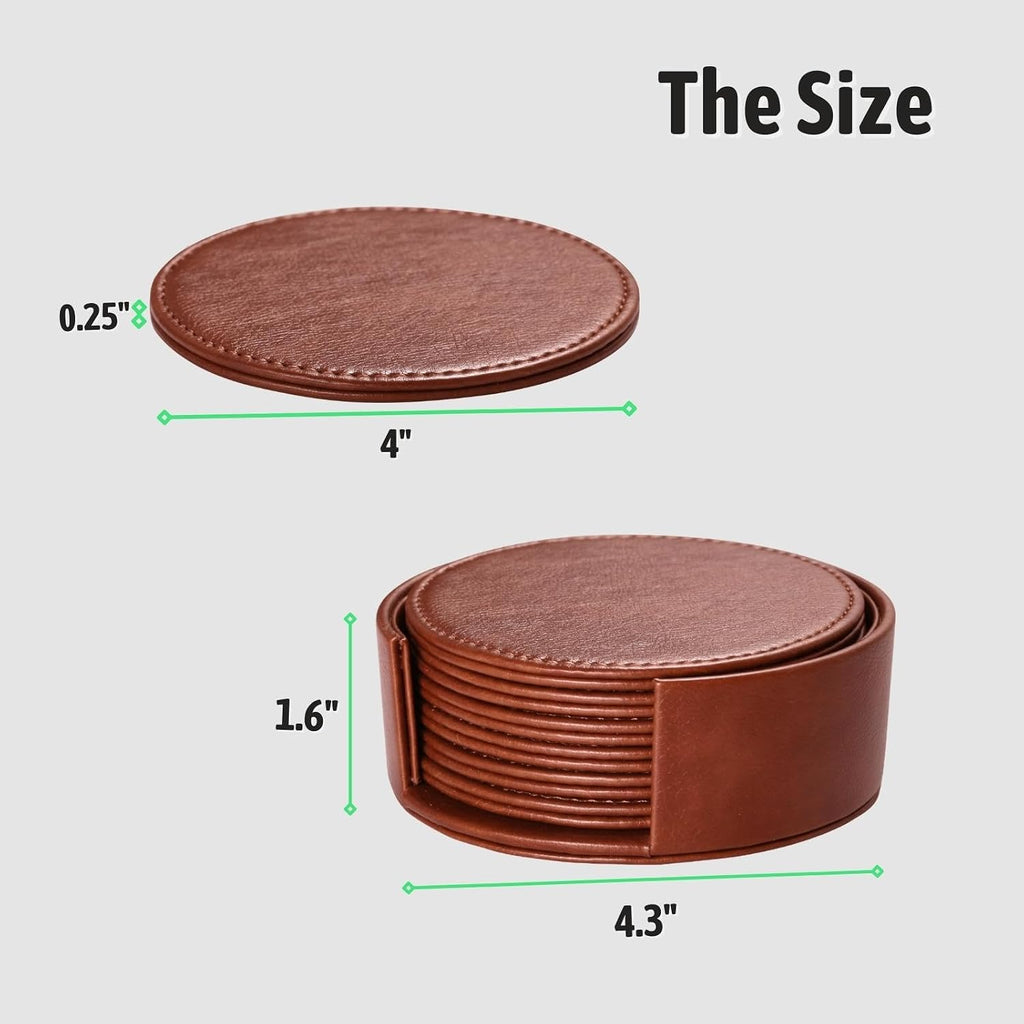 Drink Coasters with Holder, 4" Leather Coasters for Drinks for Tabletop Protection, Elegant Home Decor & - Set of 6