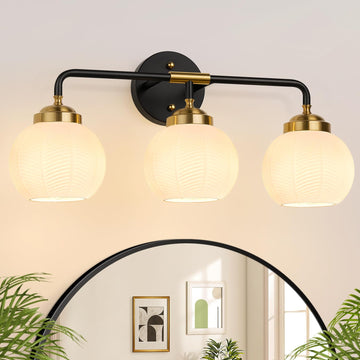 Bathroom Light Fixtures, 3-Light White Vanity Lights with Unique Leaf Texture Glass Shade, Modern Brushed Gold