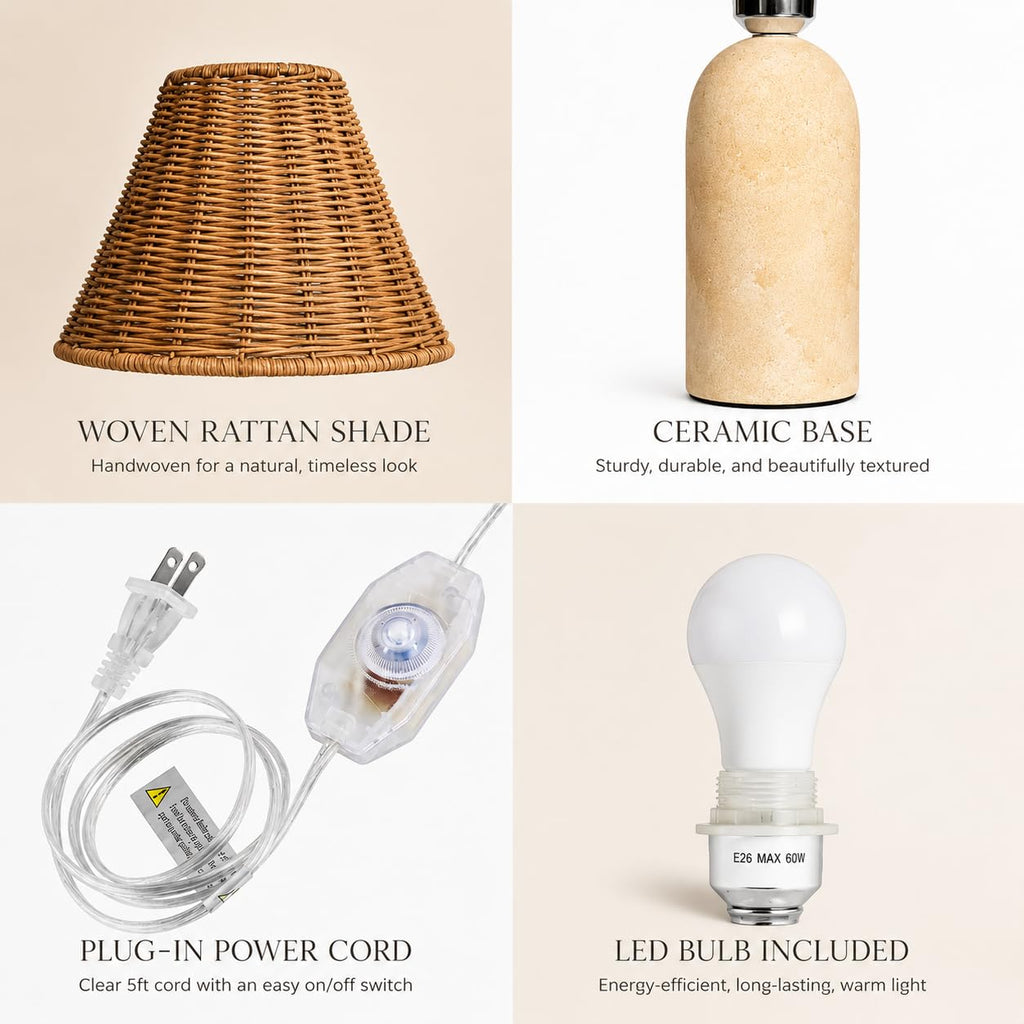 14" Small Mini Wicker Table Lamp - Handmade Ceramic Base with Rattan Shade, Dimmable Nightstand or Accent Light for