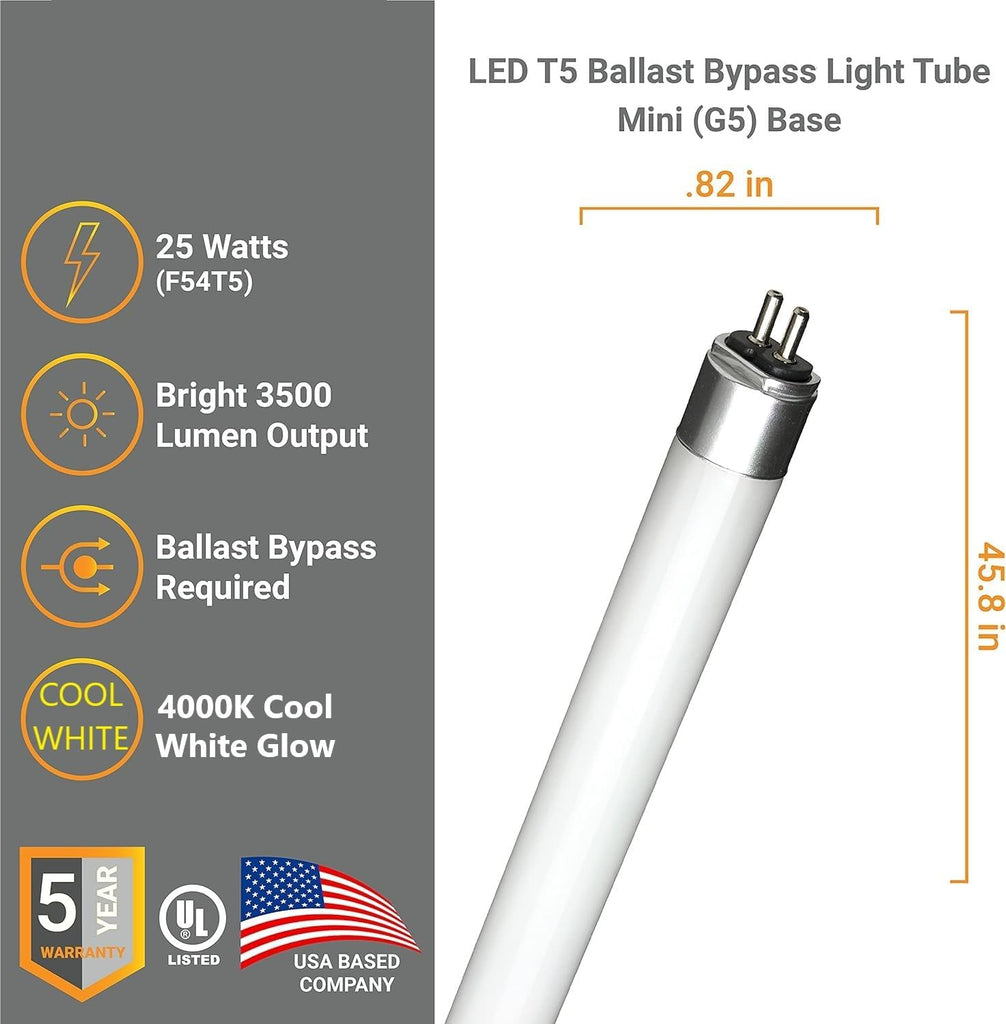 4Ft T5 LED Tube Lights Double End Powered 25W 3500 Lumens 4000K Cool White G5 Miniature Bi-Pin Base Fluorescent