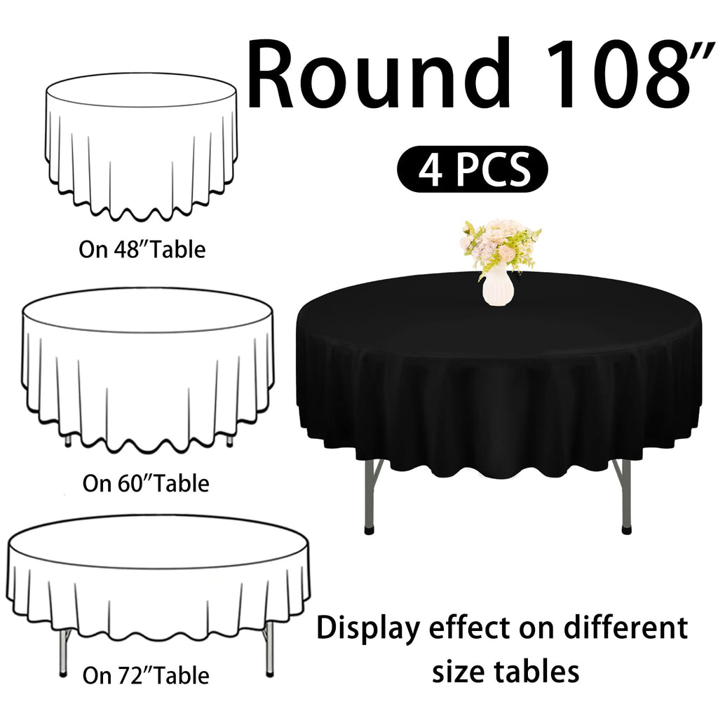 4 Pack Round Tablecloth 108 Inch Black Polyester Table Cover for Round Tables Washable Fabric for Wedding Dining