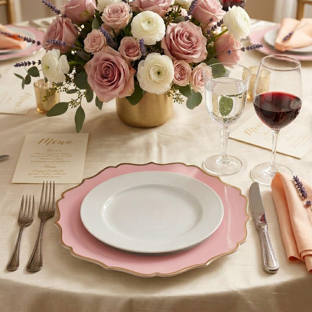 13" Scalloped White and Pink Charger Plates with Gold Rim, Set of 6 Elegant Plastic Dinner Chargers for Wedding