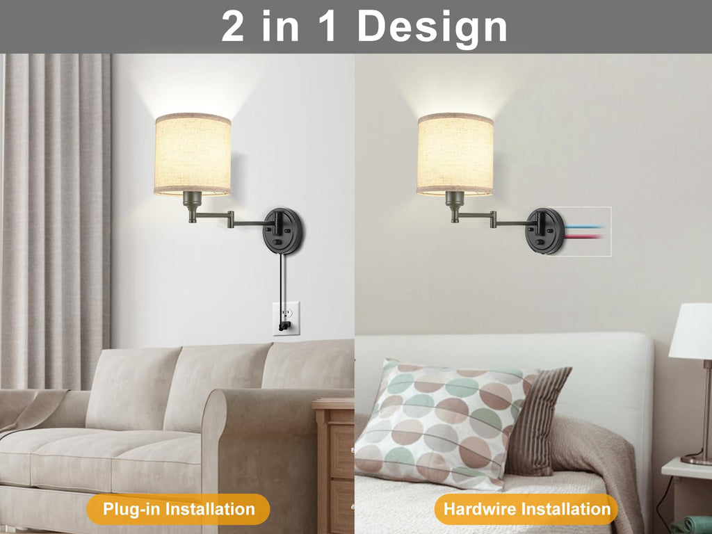 Plug in Wall Sconces with Remote Control, Dimming 10%-100% & Adjustable Colors 2700K-6500K, Hardwire or Plug