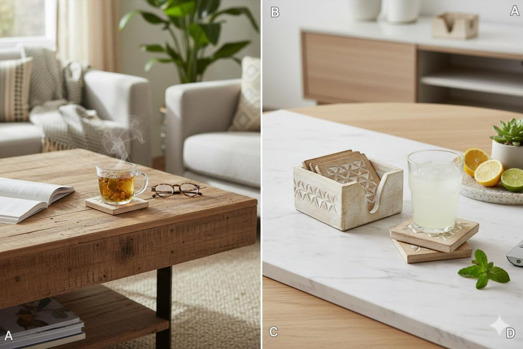 Wooden Coasters with Holder Stand | Whitewash Distressed Wooden Drink Coasters for Coffee, Tea & Wine - Set of 6