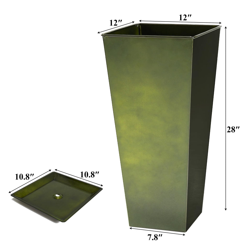 28" Large Metal Glazed Planter Set of 2, Luxurious Glossy Finish Green Tall Square Tapered Steel Plant Pots, Decor