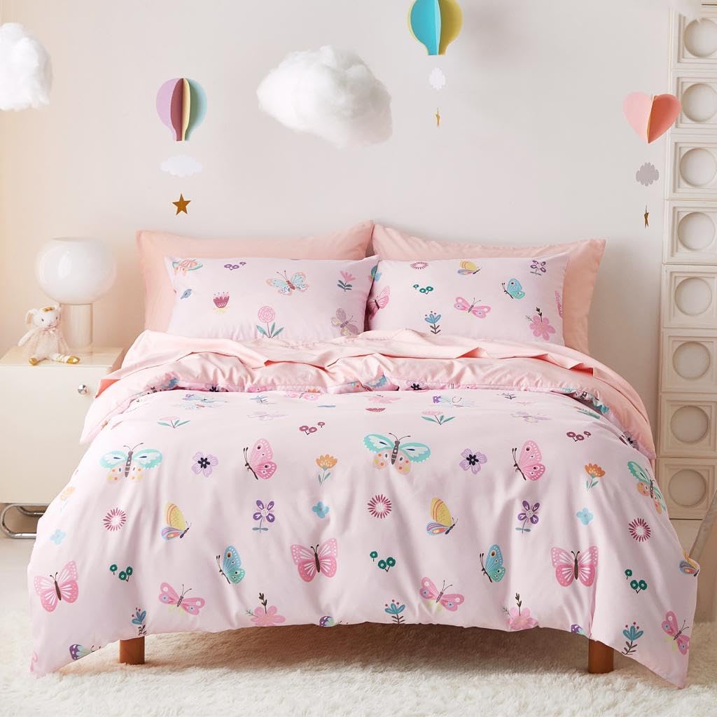 Butterfly Bedding Set for Girls, Cute Colorful Butterfly Flowers Floral Comforter Set with Sheets, 5 Pieces Kids Bed