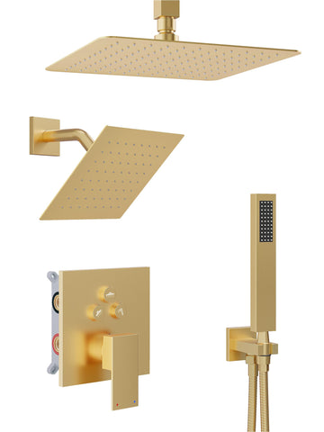 Gold Shower System, All Metal Dual Rain Shower Head with Handheld