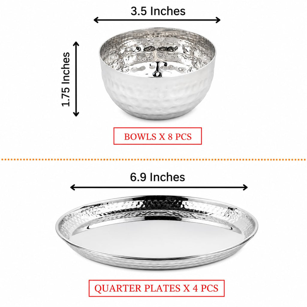 Stainless Steel Dinnerware Hammered 28-Piece Dinner set Dishwasher safe ~ Indian Style (Service for 4)