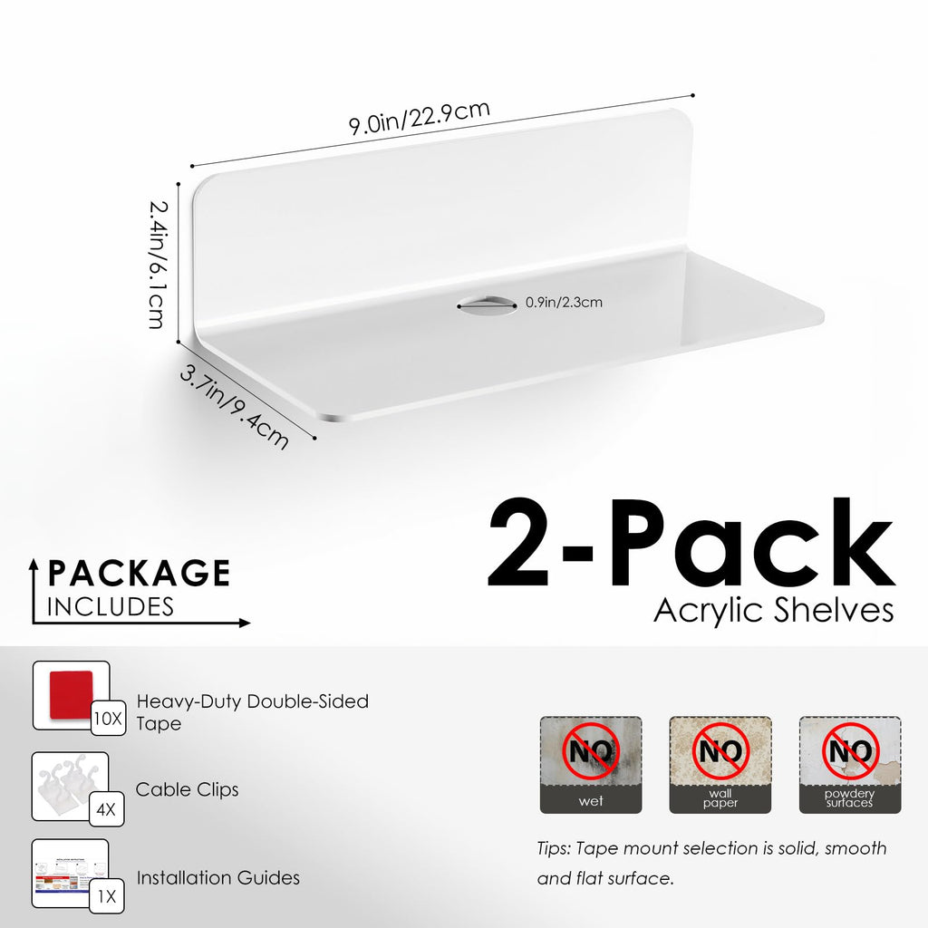 Acrylic Floating Wall Shelves White, No Drill, 9 Inch 2 Pack